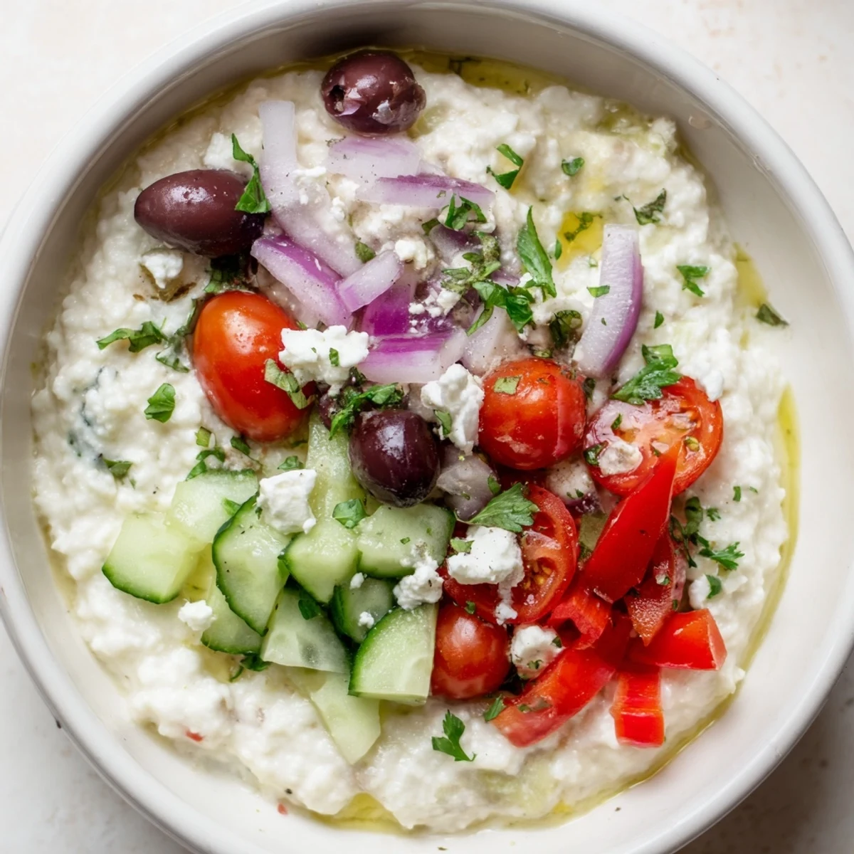 Refreshing cottage cheese bowl arranged with vibrant cherry tomatoes, red onion, and Kalamata olives