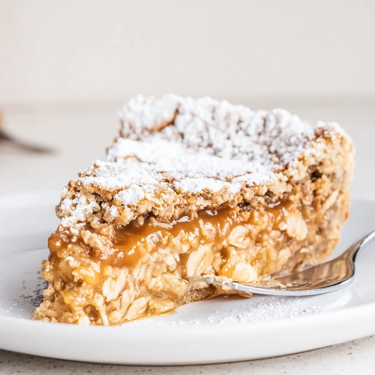 A chilled Milk Bar Crack Pie wedge on plate, oat crust visible