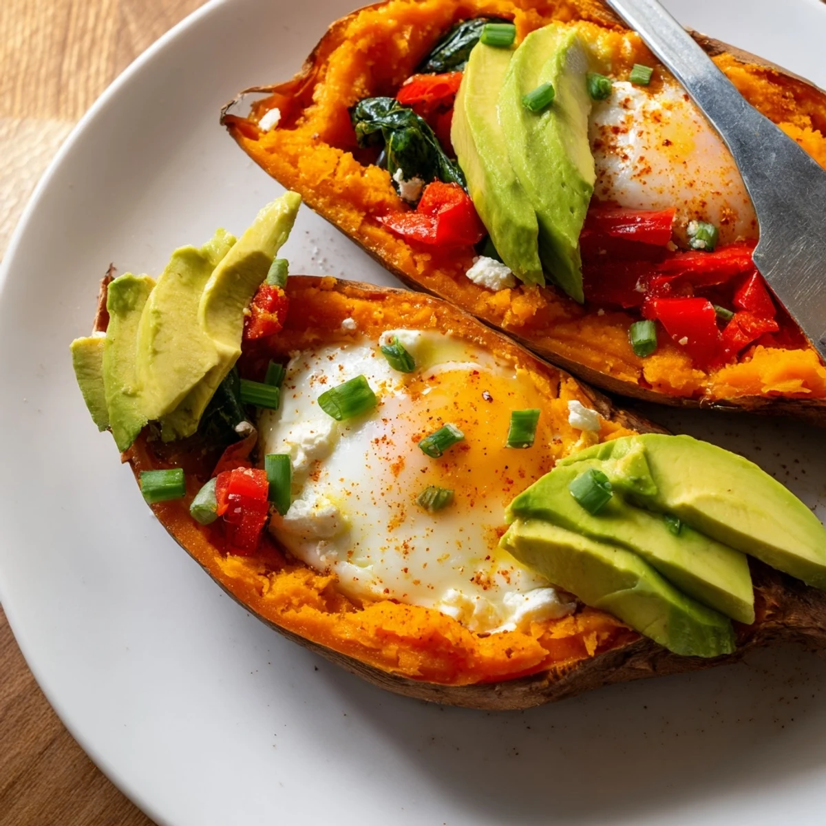 Sweet Potato Breakfast Boats with runny egg, creamy avocado, and crumbled feta