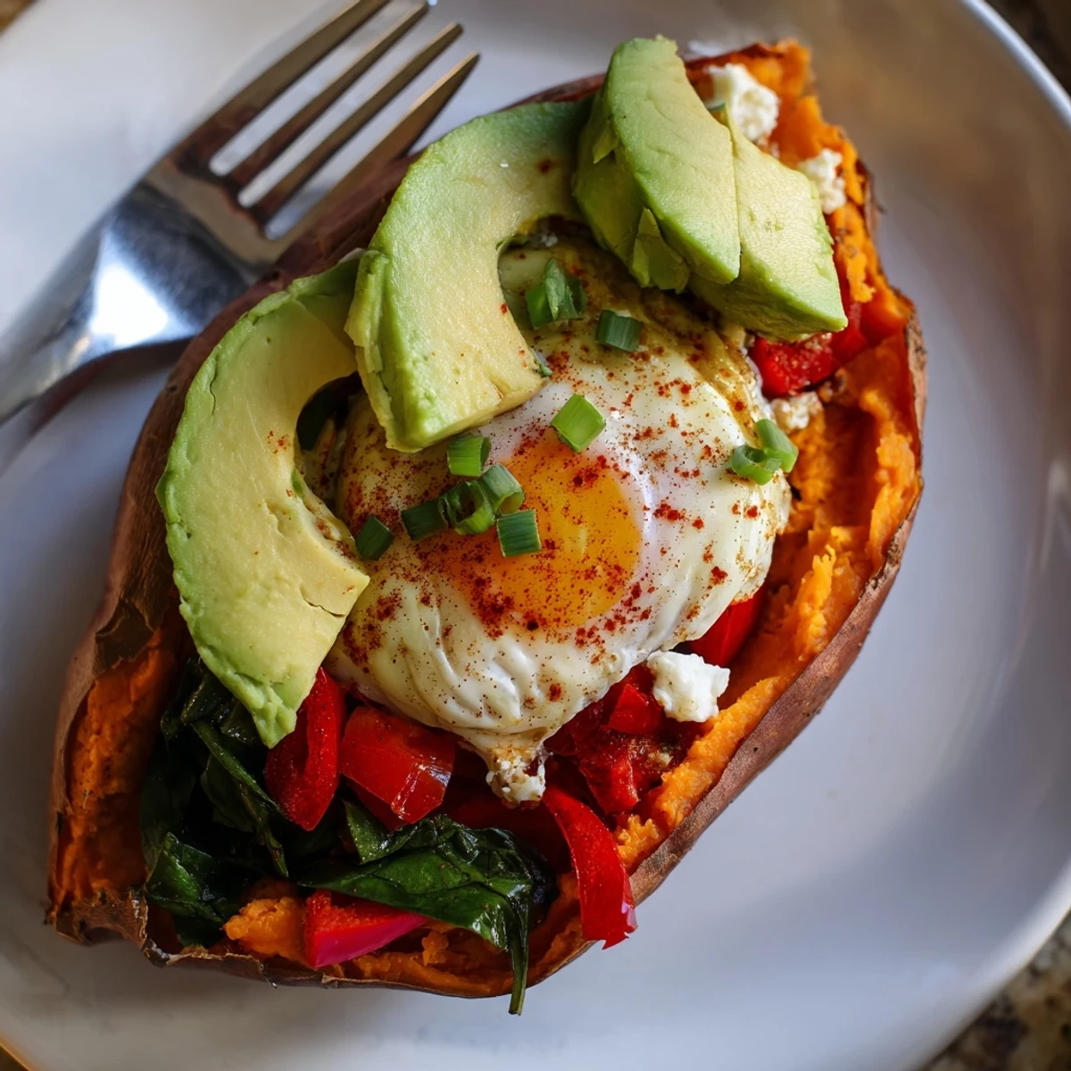 Rainbow topped Sweet Potato Breakfast Boats garnished with chives, bell pepper, silky yolk
