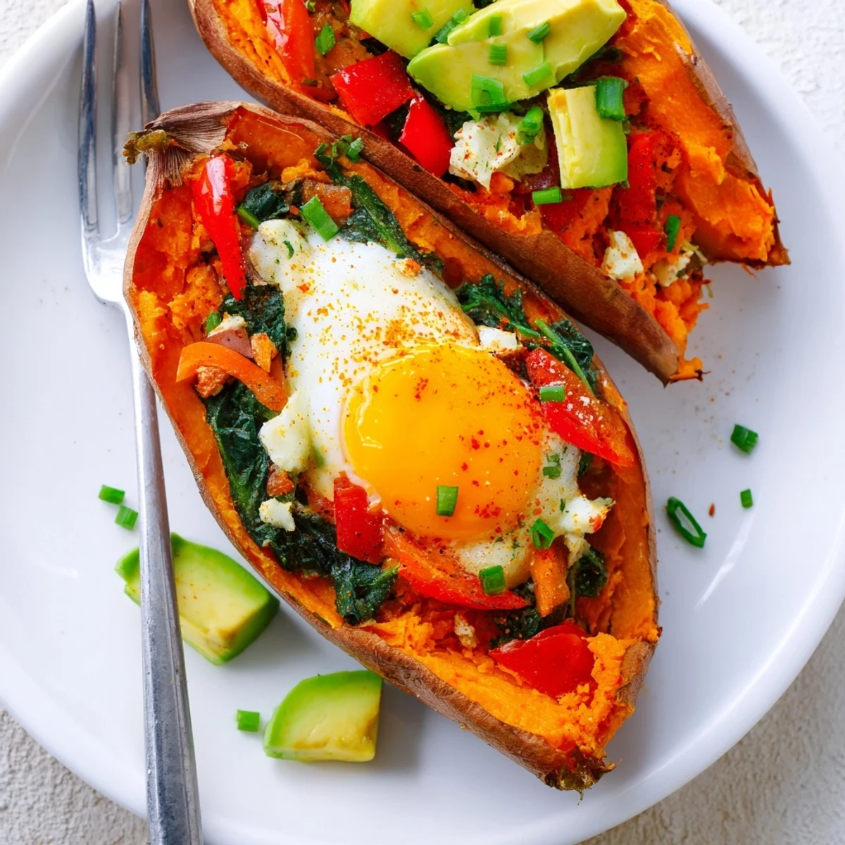 Oven baked Sweet Potato Breakfast Boats served warm with sauteed spinach and paprika
