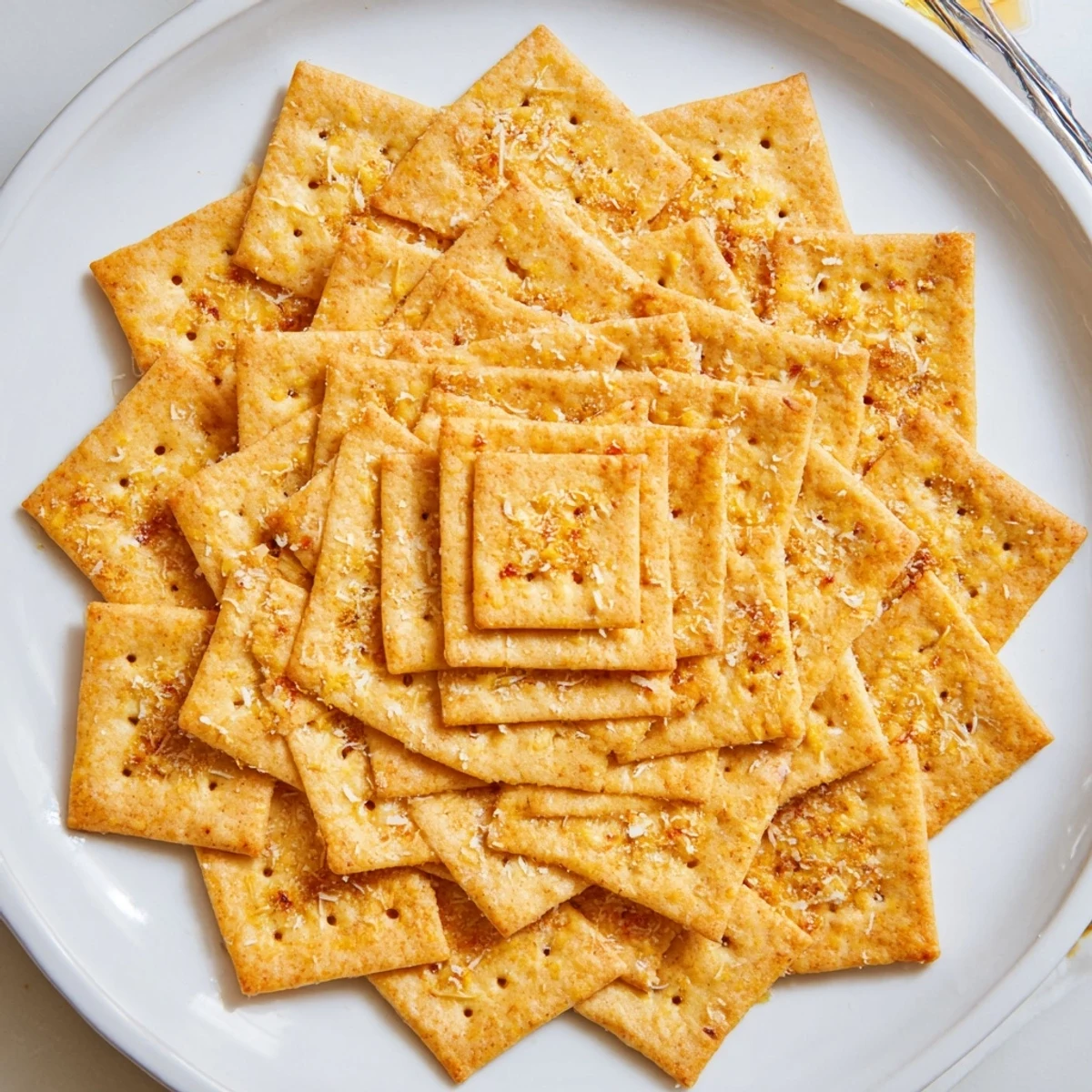 Handful of Sourdough Cheddar Snack Crackers served with creamy hummus dip