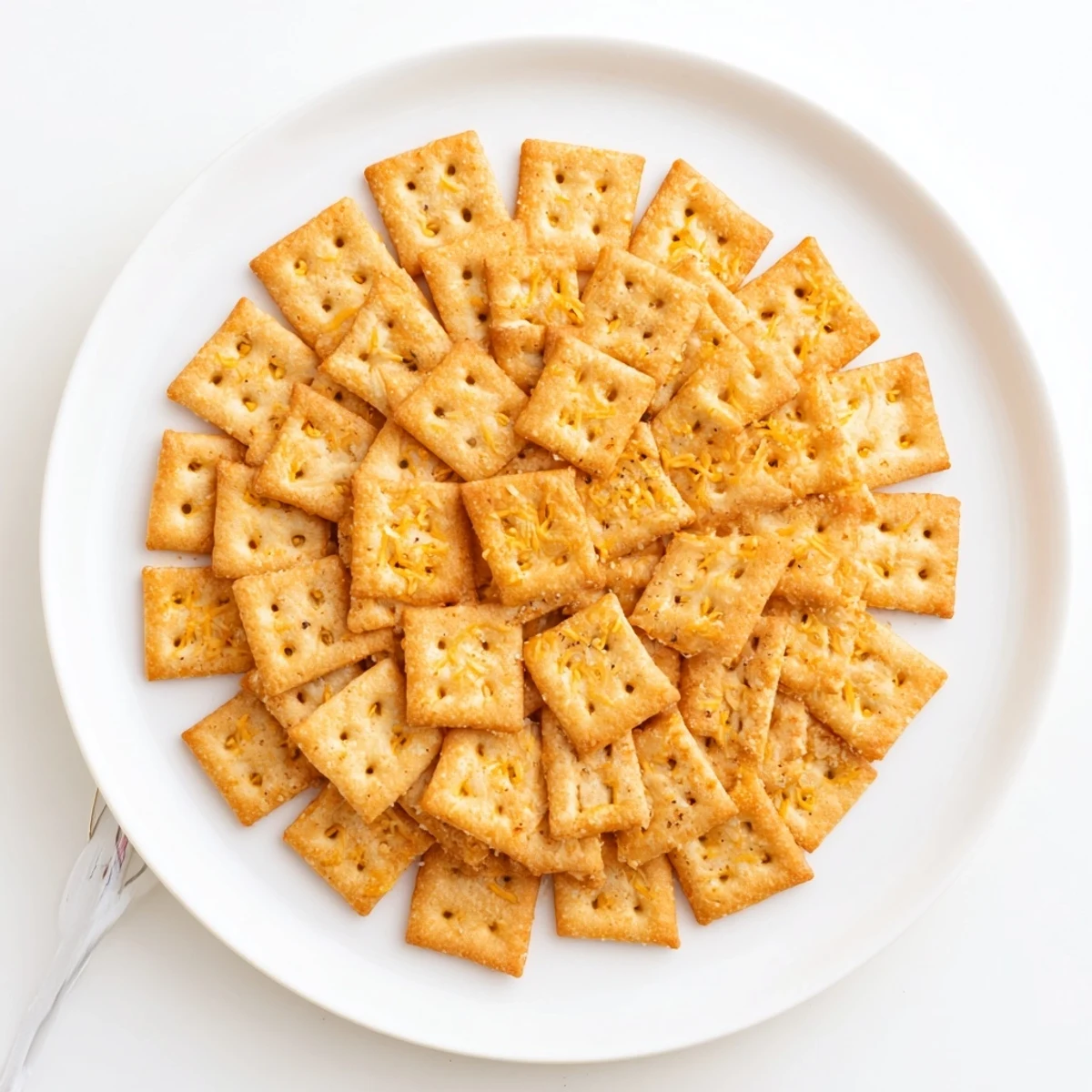 Thin, tangy Sourdough Cheddar Snack Crackers lined on parchment, flakes of salt