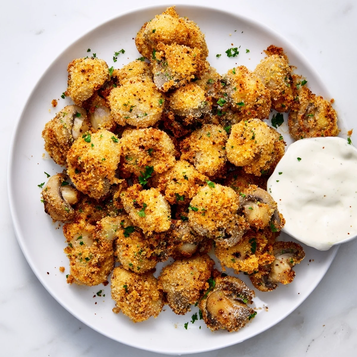 Golden crispy fried mushrooms arranged on a white plate with fresh parsley garnish