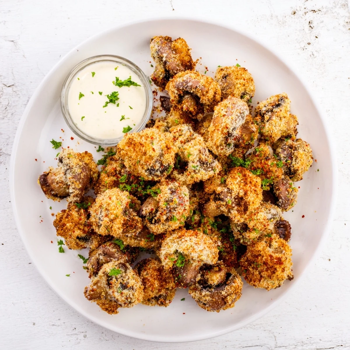 Basket of crunchy crispy fried mushrooms served with creamy dipping sauce for appetizers