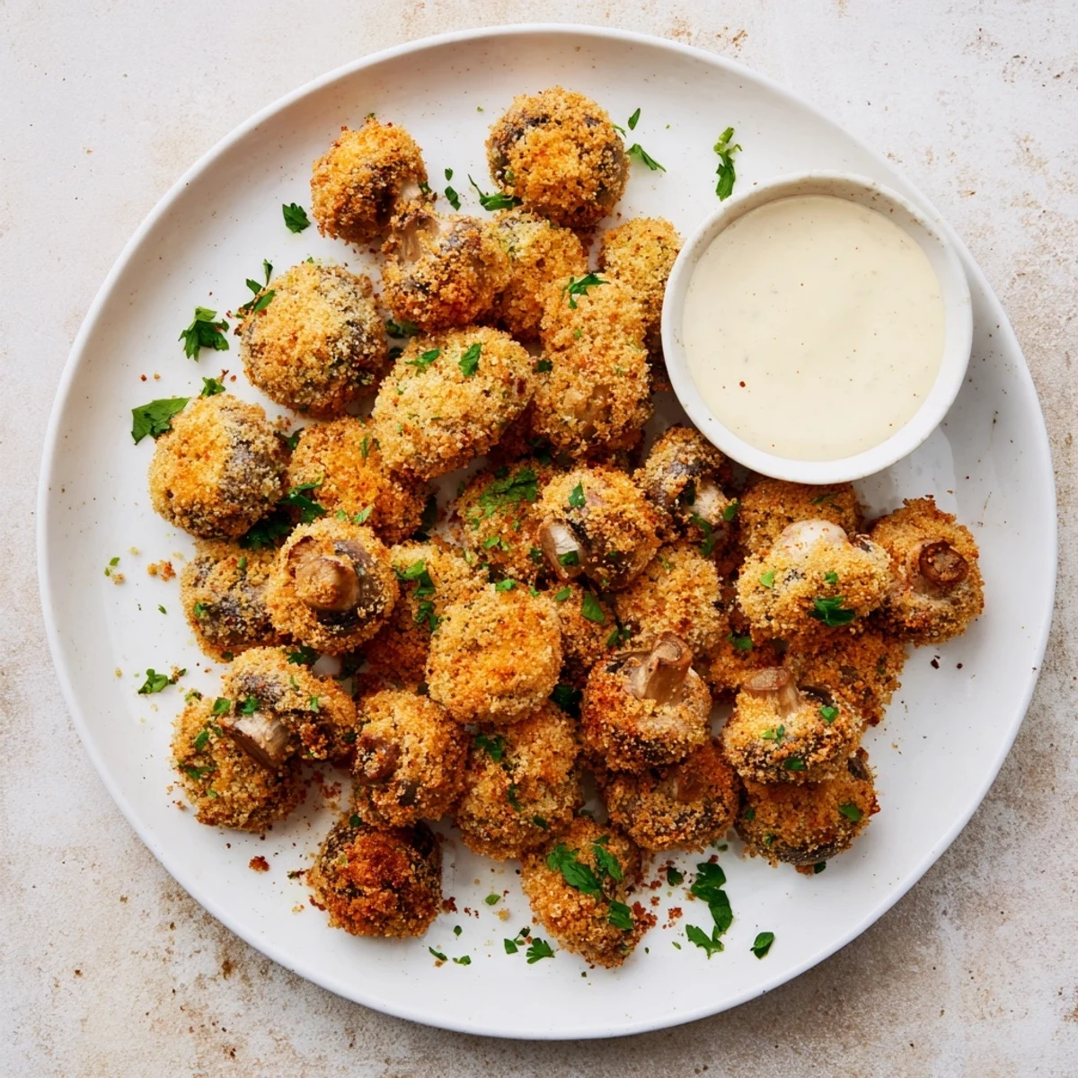 Close up of golden brown crispy fried mushrooms hot from deep frying