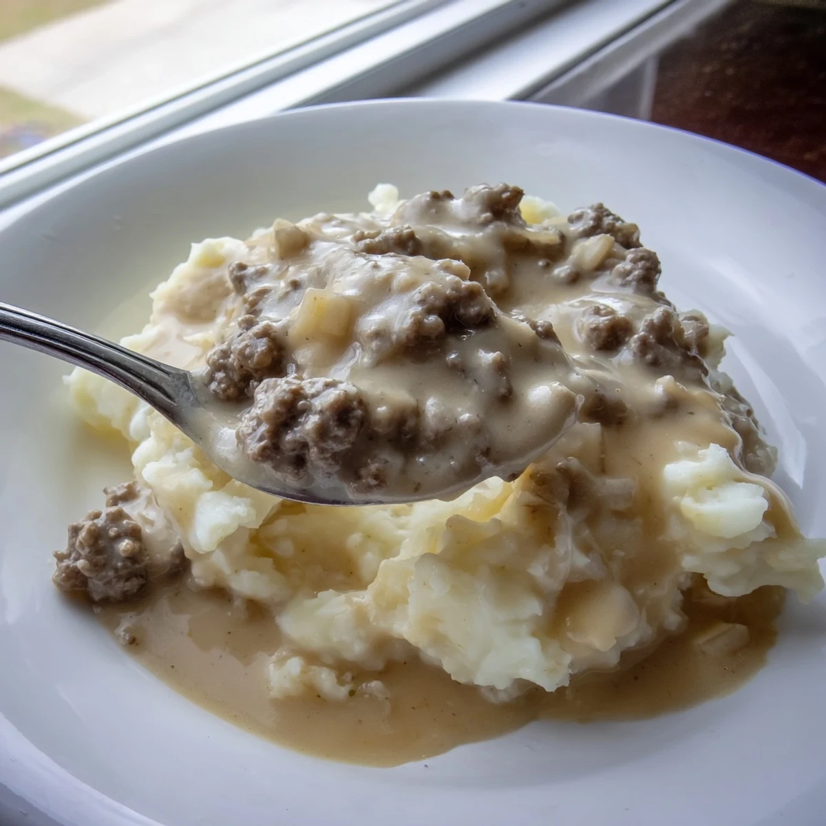 Creamy homemade hamburger gravy ladled over fluffy mashed potatoes in a white serving bowl.