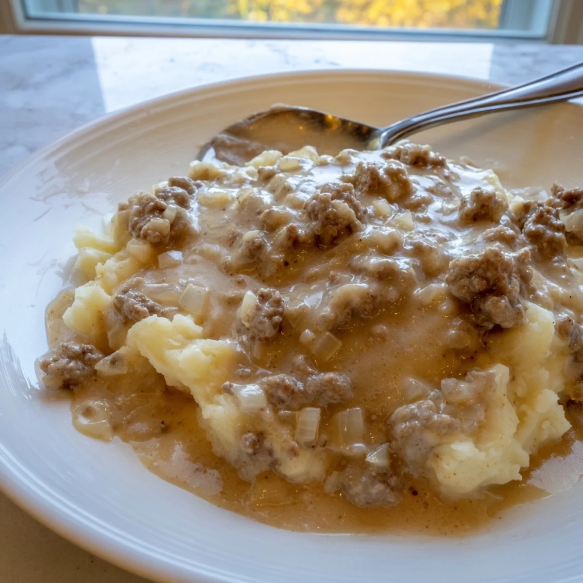 Savory ground beef gravy drizzled across mashed potatoes with fresh parsley garnish.