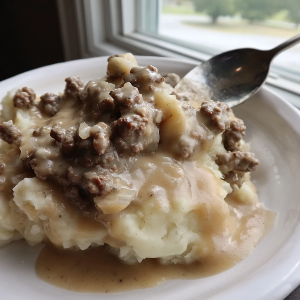 Rich beef gravy spooned over warm buttered biscuits on a rustic wooden dining table.