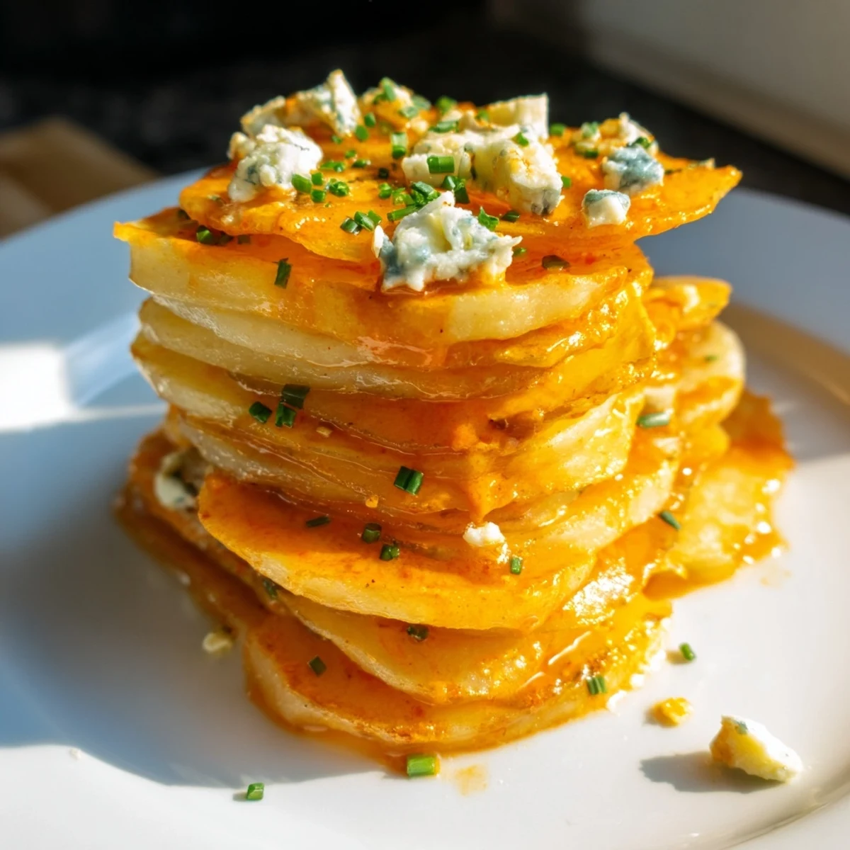 Heaping plate of Buffalo chips tossed in tangy hot sauce with fresh chive garnish
