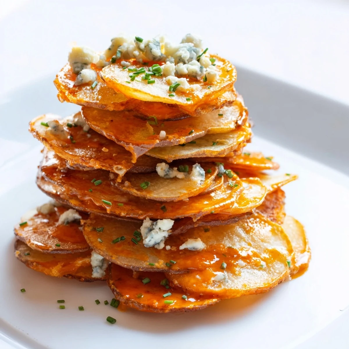 Crispy fried potato Buffalo chips coated in buttery glaze and served for game day snacking