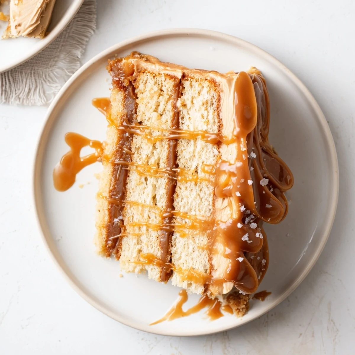 Golden brown butter banana cake drizzled with glossy salted caramel sauce and fluffy caramel frosting