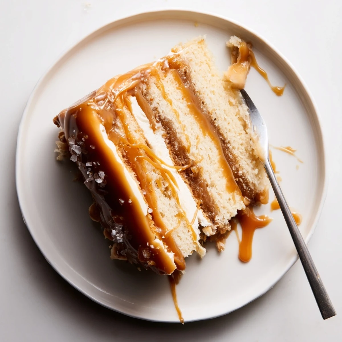 Decadent layered banana cake topped with rich salted caramel frosting and sweet caramel drizzle on white plate