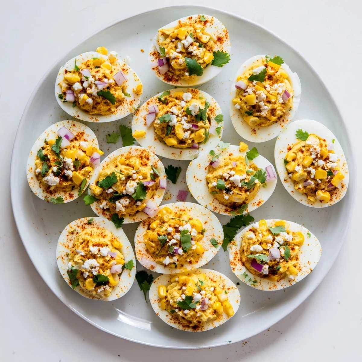 Golden corn-filled Mexican street corn deviled eggs sprinkled with chili powder and Tajín seasoning