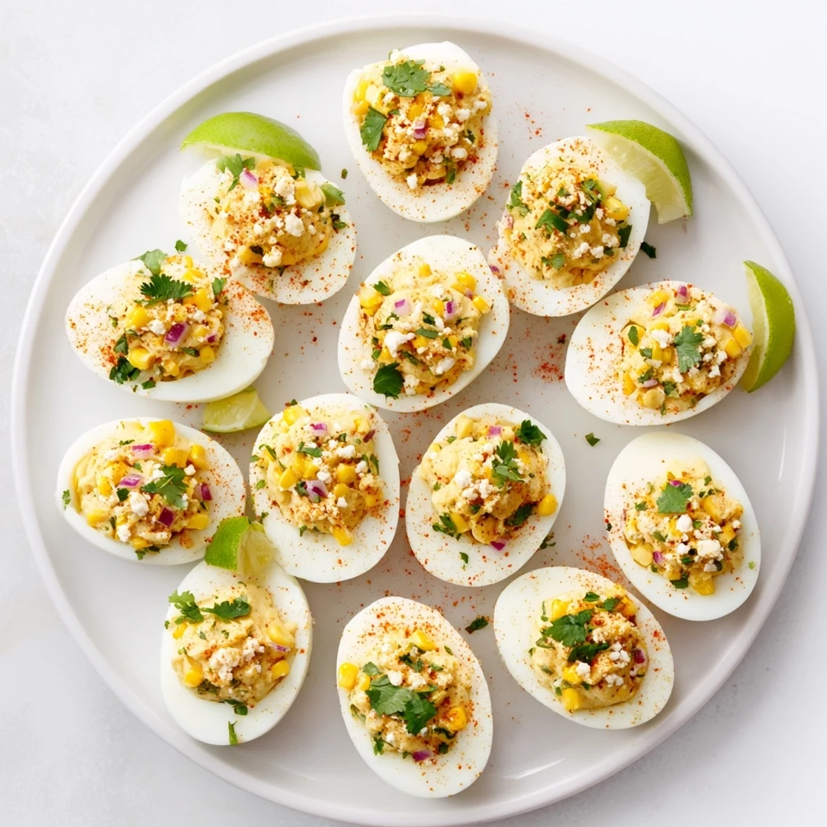 Creamy Mexican street corn deviled eggs topped with crumbly cotija cheese and fresh cilantro garnish