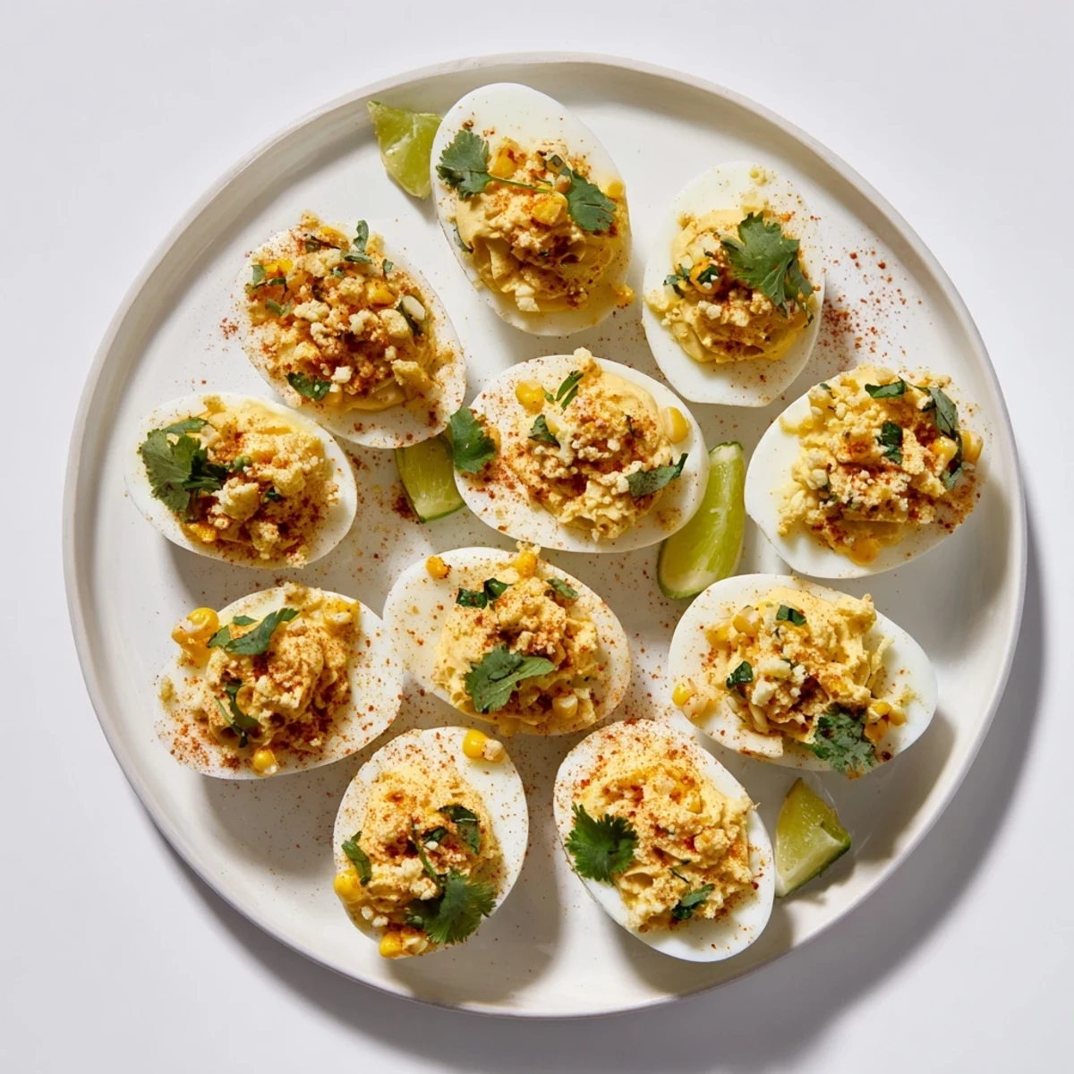 Zesty Mexican street corn deviled eggs arranged on serving platter with lime wedges and extra cheese
