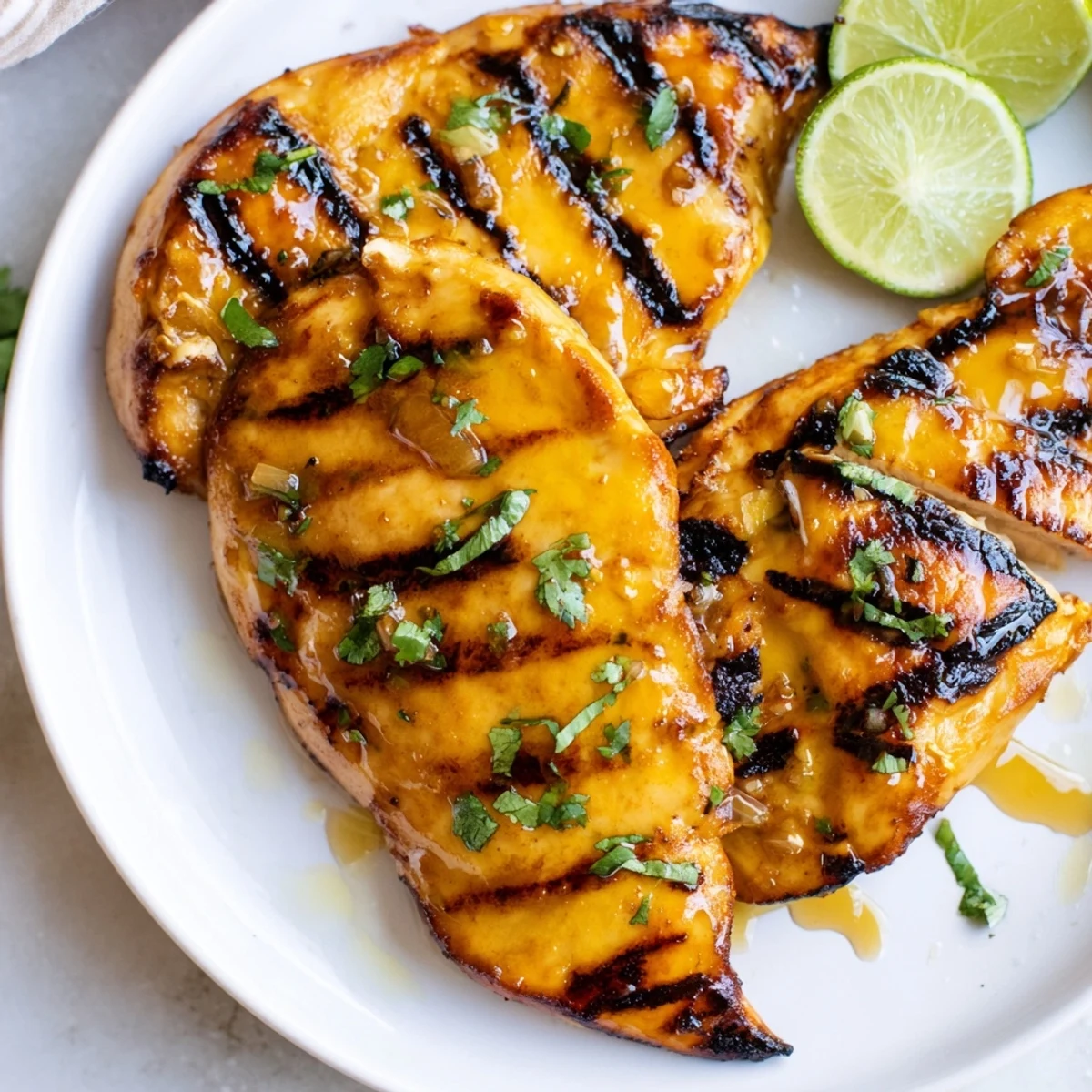 Key West Grilled Chicken With Tropical Citrus Marinade plated with lime wedges and cilantro