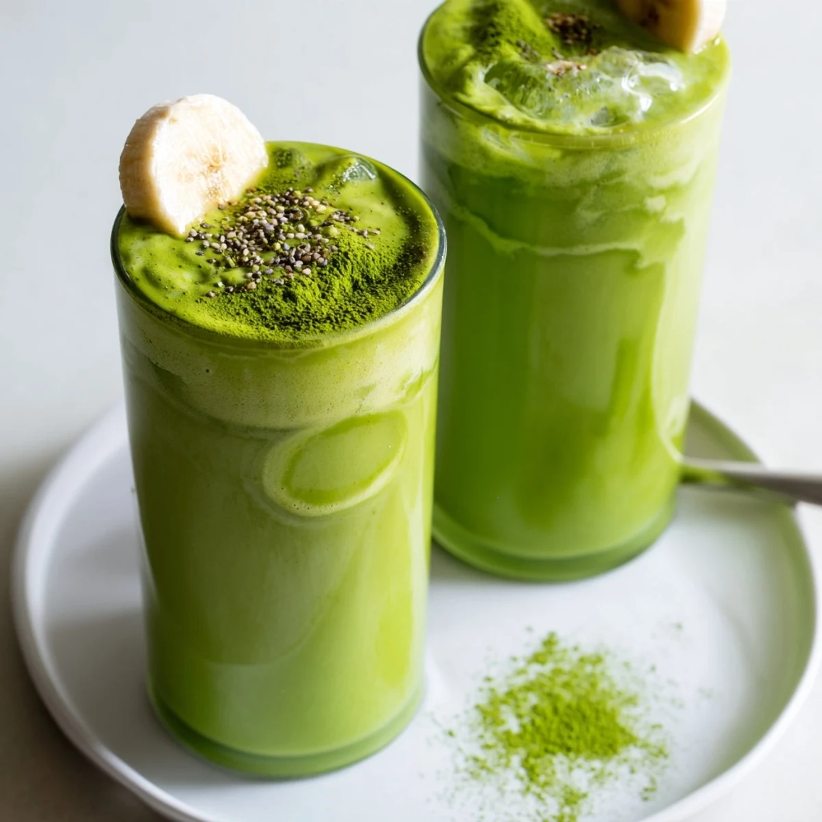 Matcha Smoothie poured into tall glass, creamy green texture, banana sweetness.