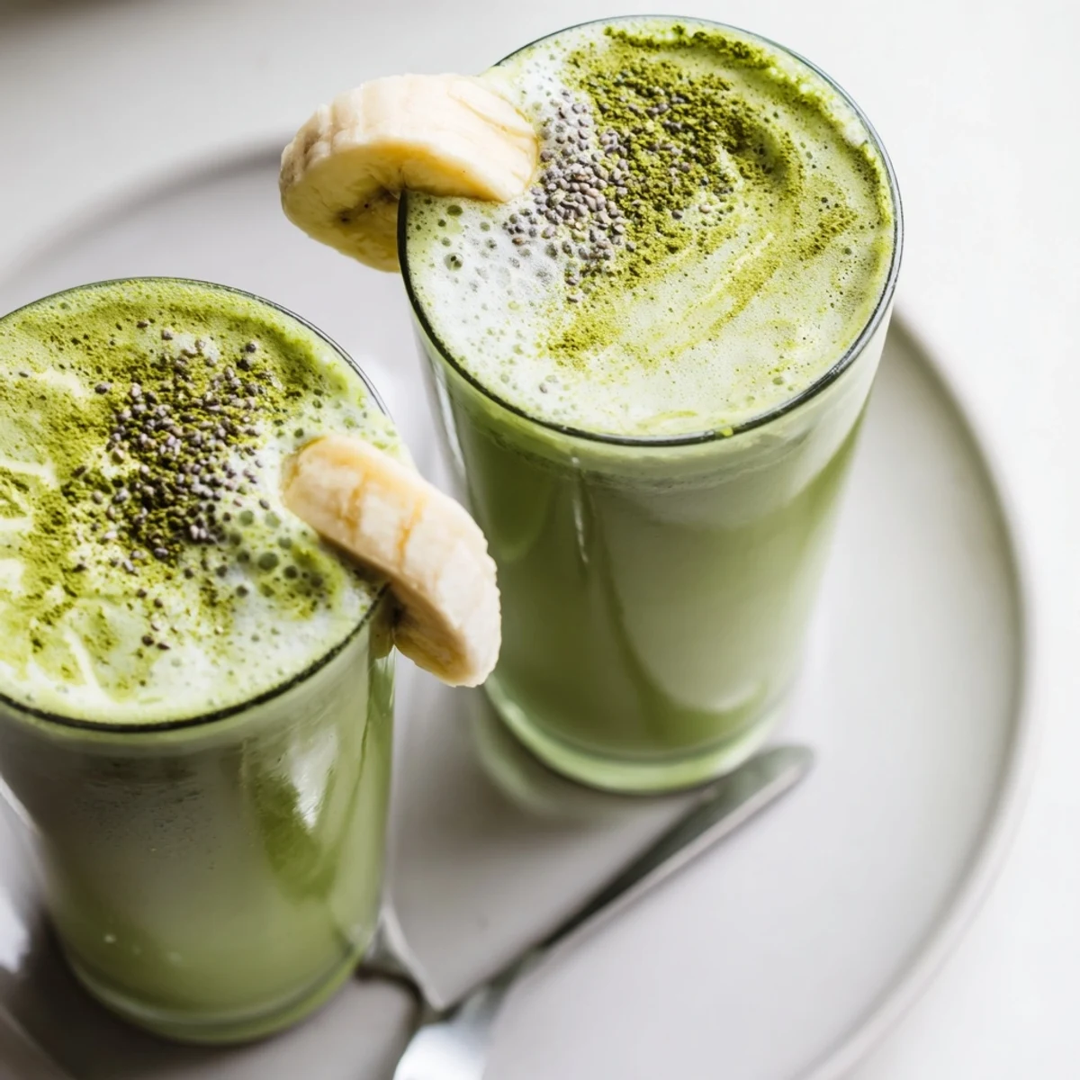 Chilled Matcha Smoothie garnished with chia seeds, refreshing breakfast or snack.