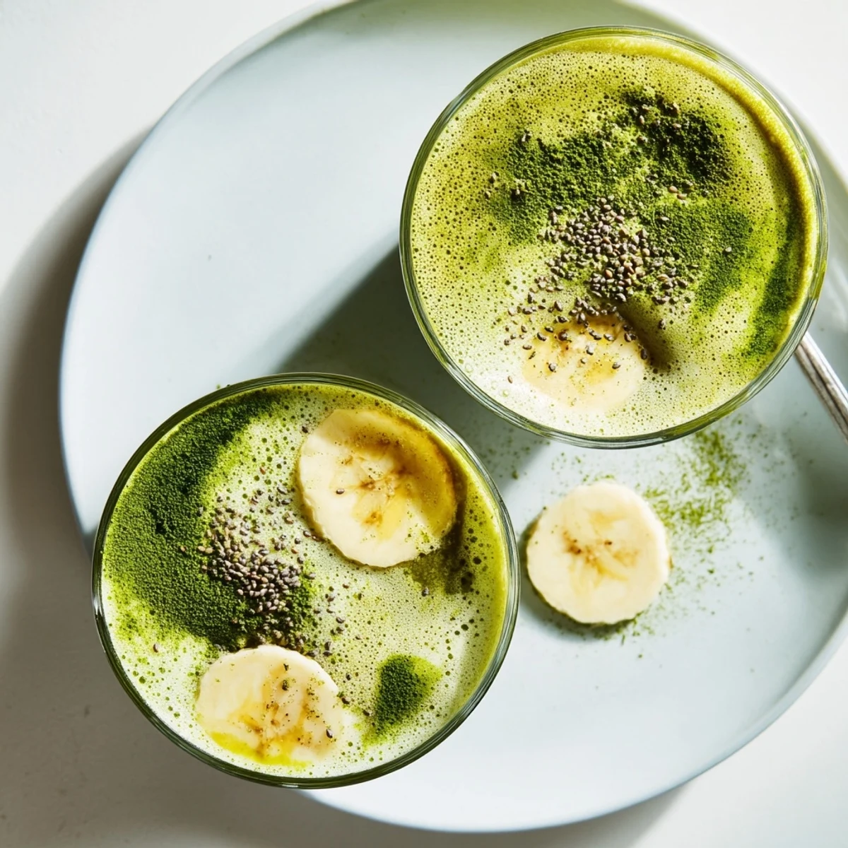 Vibrant Matcha Smoothie blended with almond milk, silky, slightly earthy flavor.