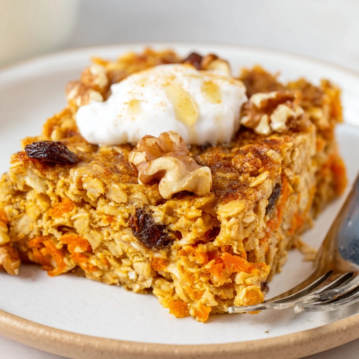Warm Carrot Cake Baked Oatmeal, golden top with cinnamon scent, sliced