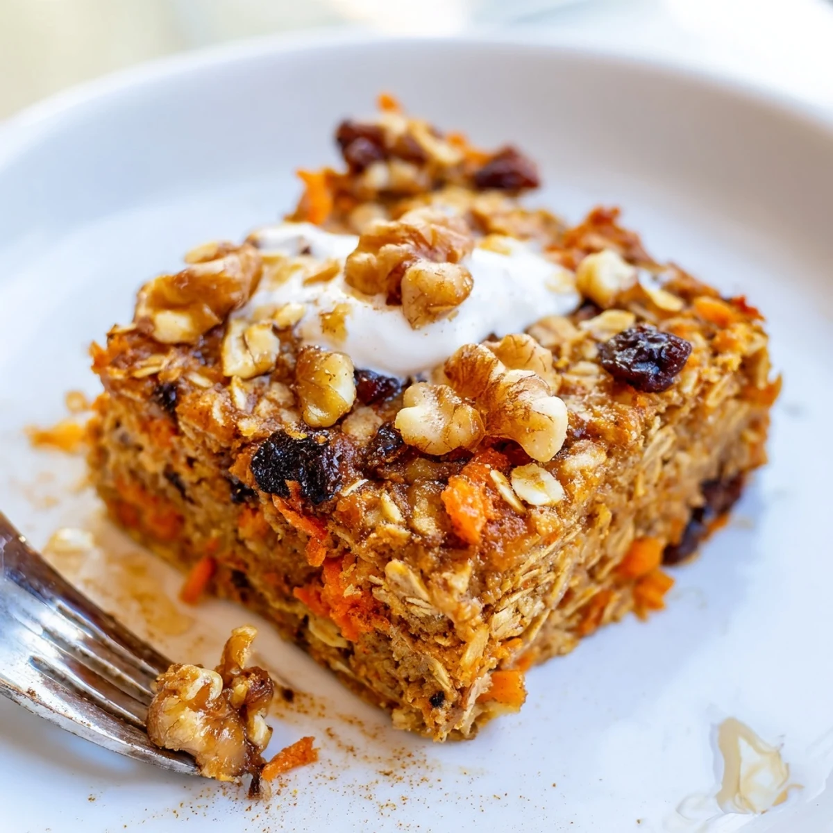 Slice of Carrot Cake Baked Oatmeal served warm with yogurt and maple syrup