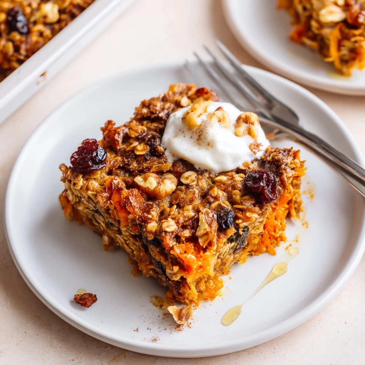 Carrot Cake Baked Oatmeal cooling in a pan, moist, studded with walnuts