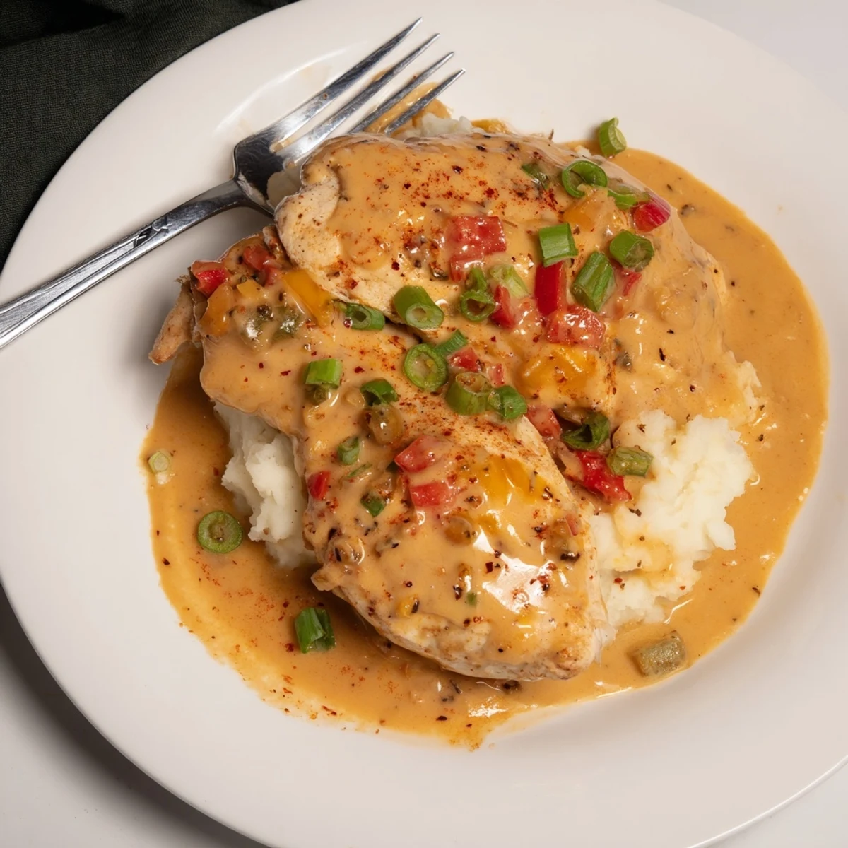 Seared Mississippi Mud Chicken in smoky paprika cream, ready to spoon over rice