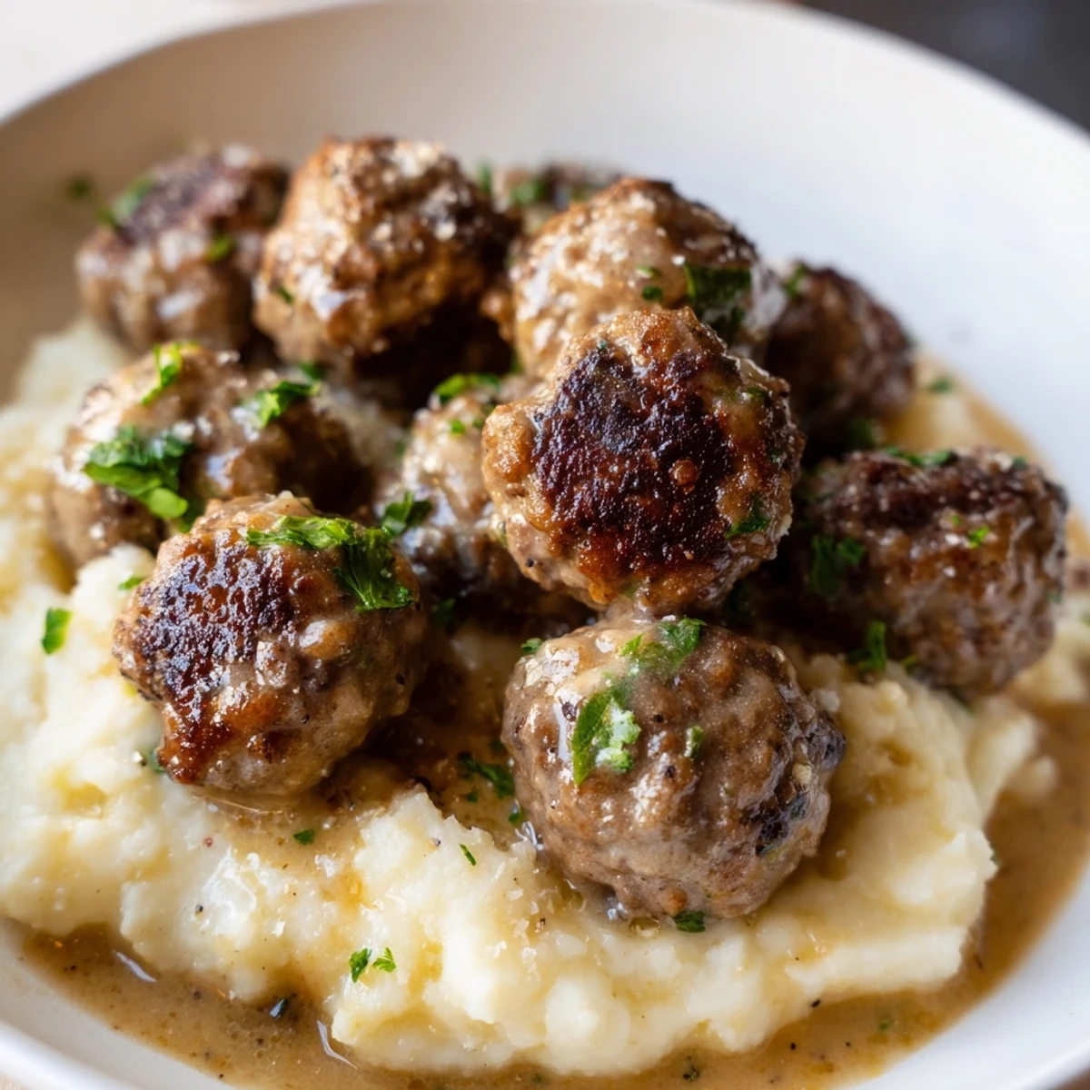 Crockpot Meatballs Gravy simmering in slow cooker, glossy brown sauce coating meatballs