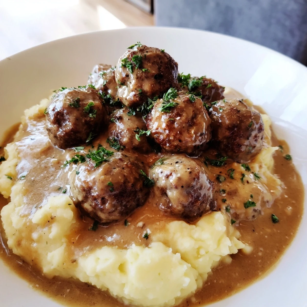 Creamy Crockpot Meatballs Gravy spooned over buttery mashed potatoes, steam gently rising
