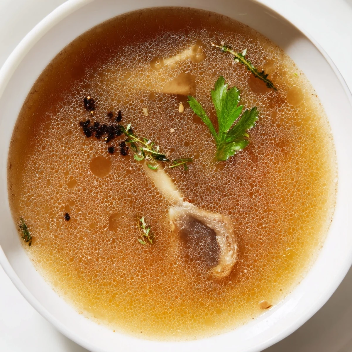 Slow-simmered Beef Bone Broth in stockpot, rich gelatinous texture, warming