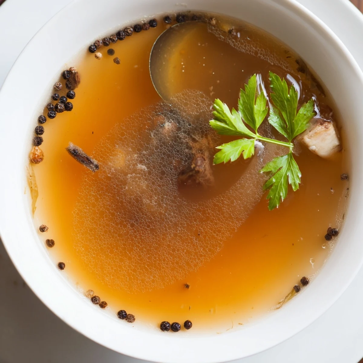 Steam rising from a mug of Beef Bone Broth, golden, savory aroma