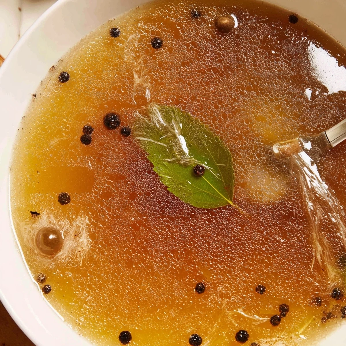 Clear amber Beef Bone Broth ladled over stew, nourishing comfort sip