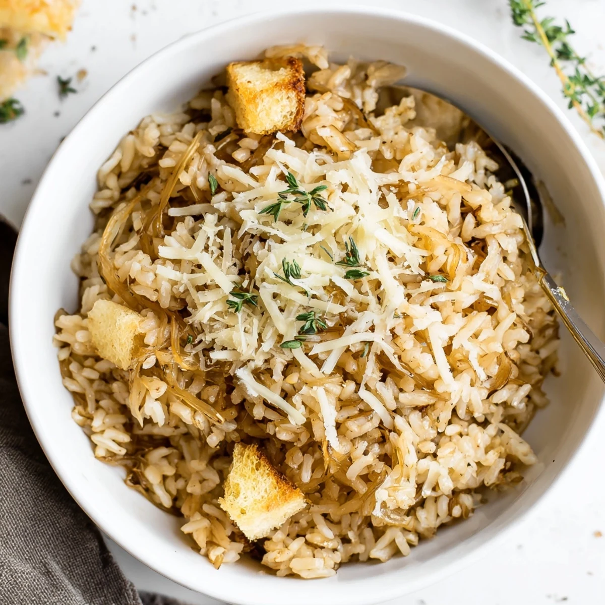 French Onion Soup Rice bubbling with melted Gruyère, caramelized onions and croutons