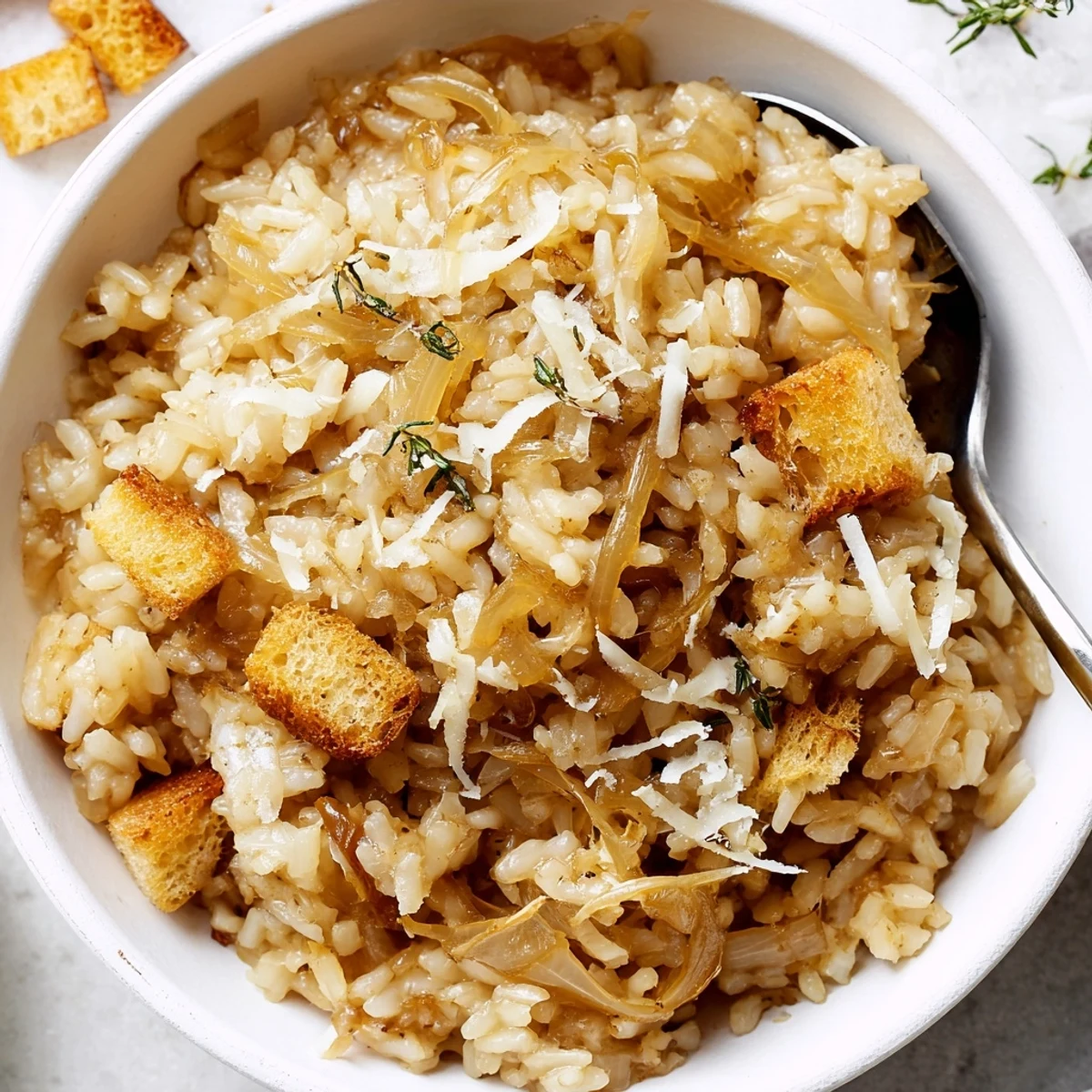 Steamy French Onion Soup Rice topped with toasted bread cubes and fresh thyme