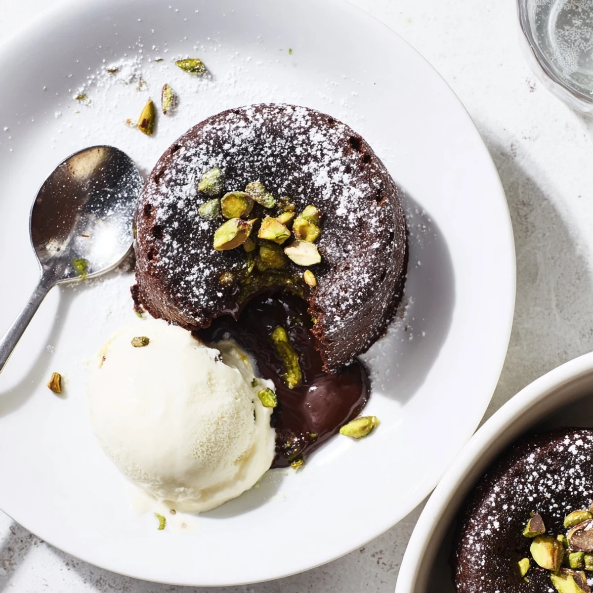 Rich molten pistachio chocolate lava cakes with gooey centers and chopped pistachio garnish