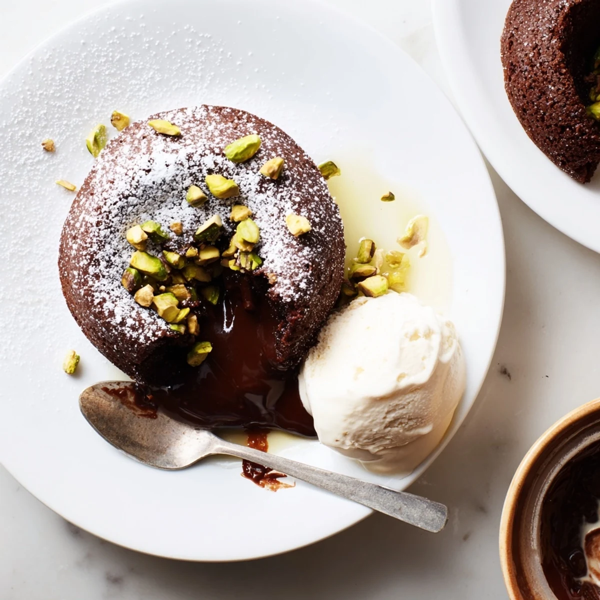 Individual pistachio chocolate lava cakes with flowing centers served on elegant white plates