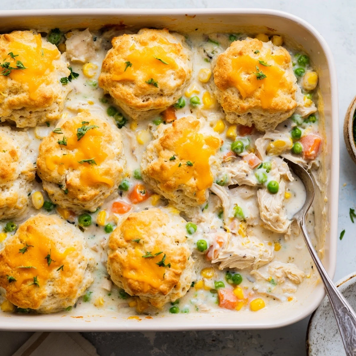 Golden brown Cheddar Bay chicken cobbler with fluffy cheese biscuits bubbling over creamy vegetable filling