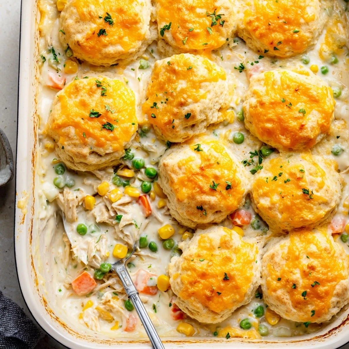 Comforting chicken cobbler fresh from the oven with golden cheesy biscuit topping and savory vegetables