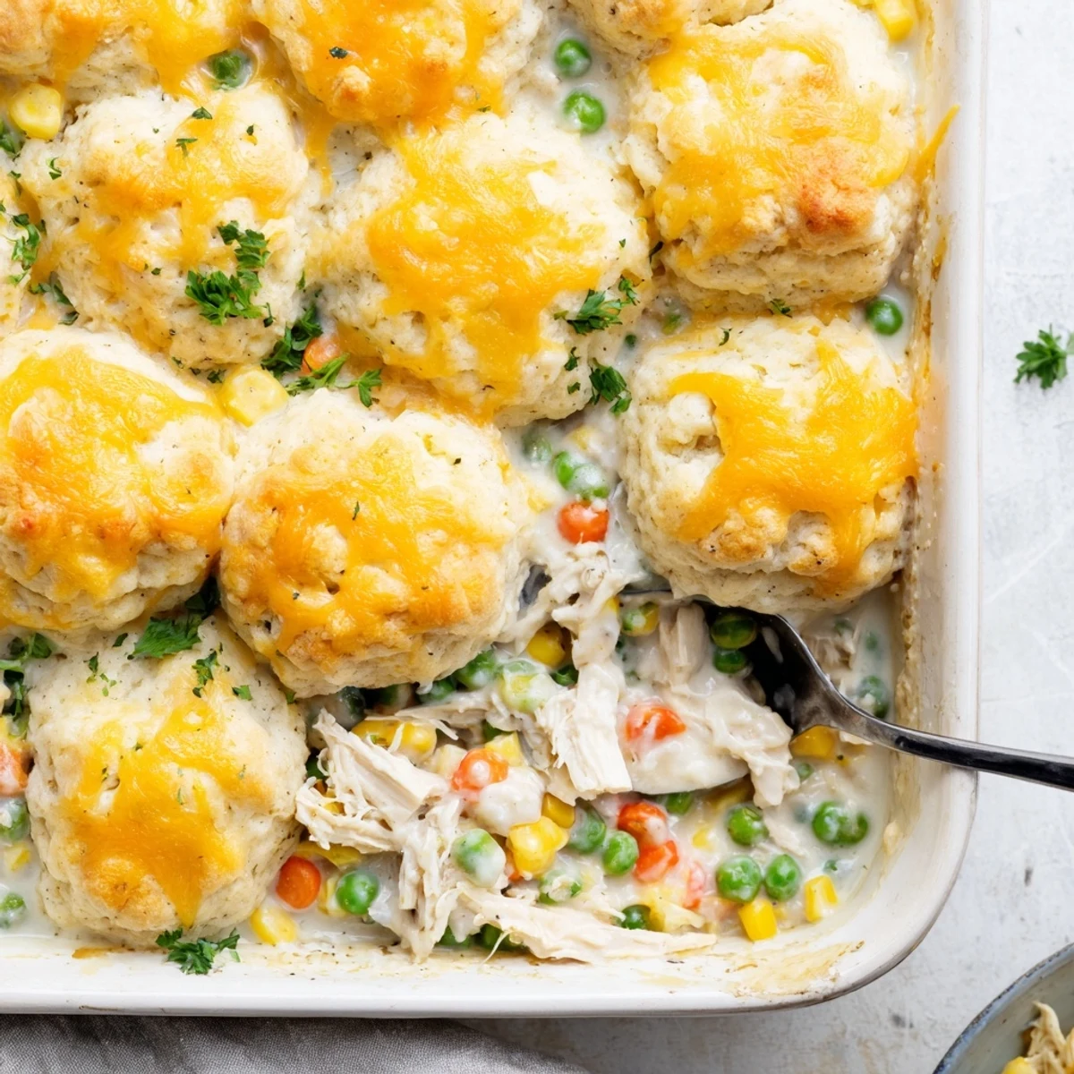 Bubbling casserole of tender chicken and vegetables topped with warm cheddar garlic biscuit crust