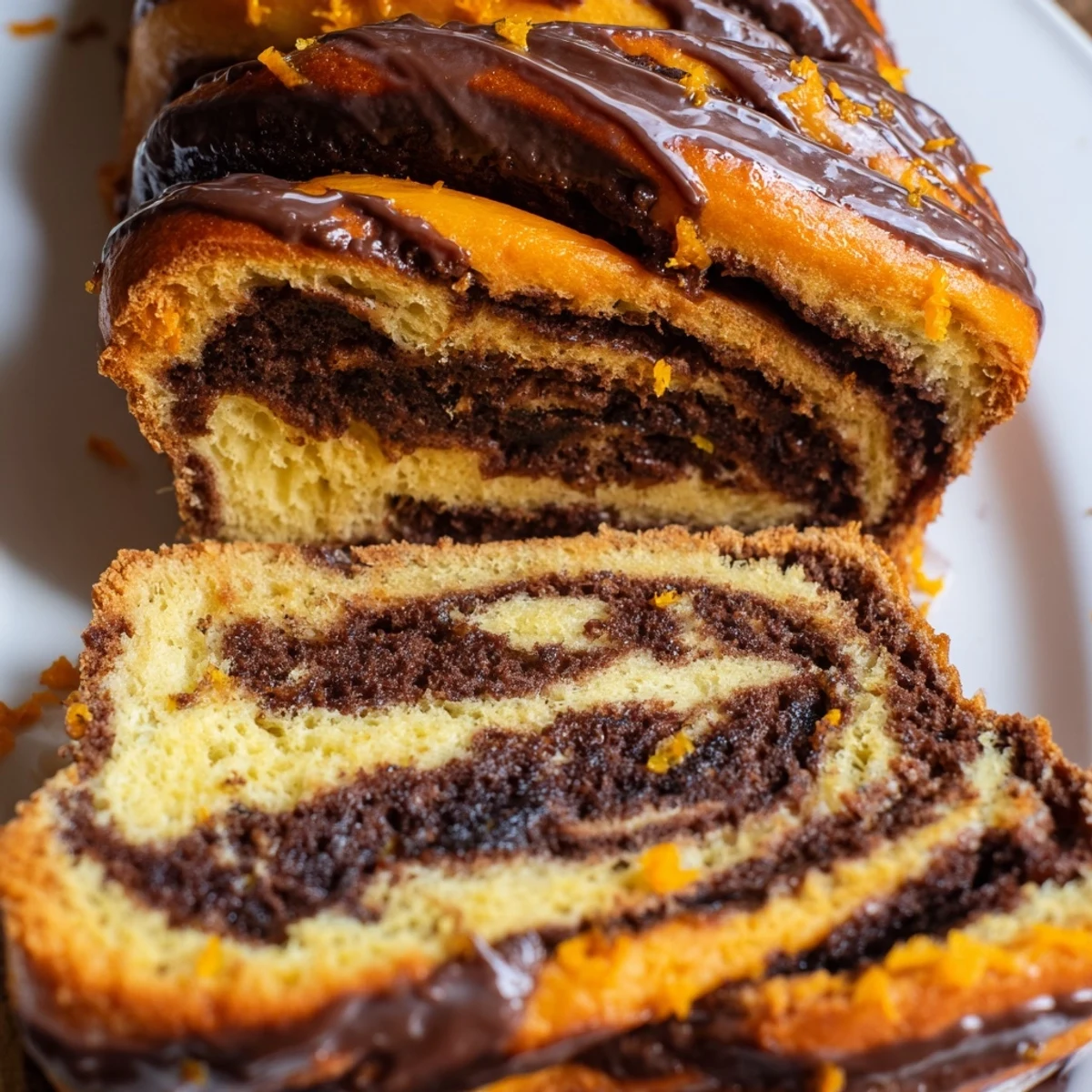Golden orange glazed chocolate babka loaf drizzled with glossy citrus icing on white plate