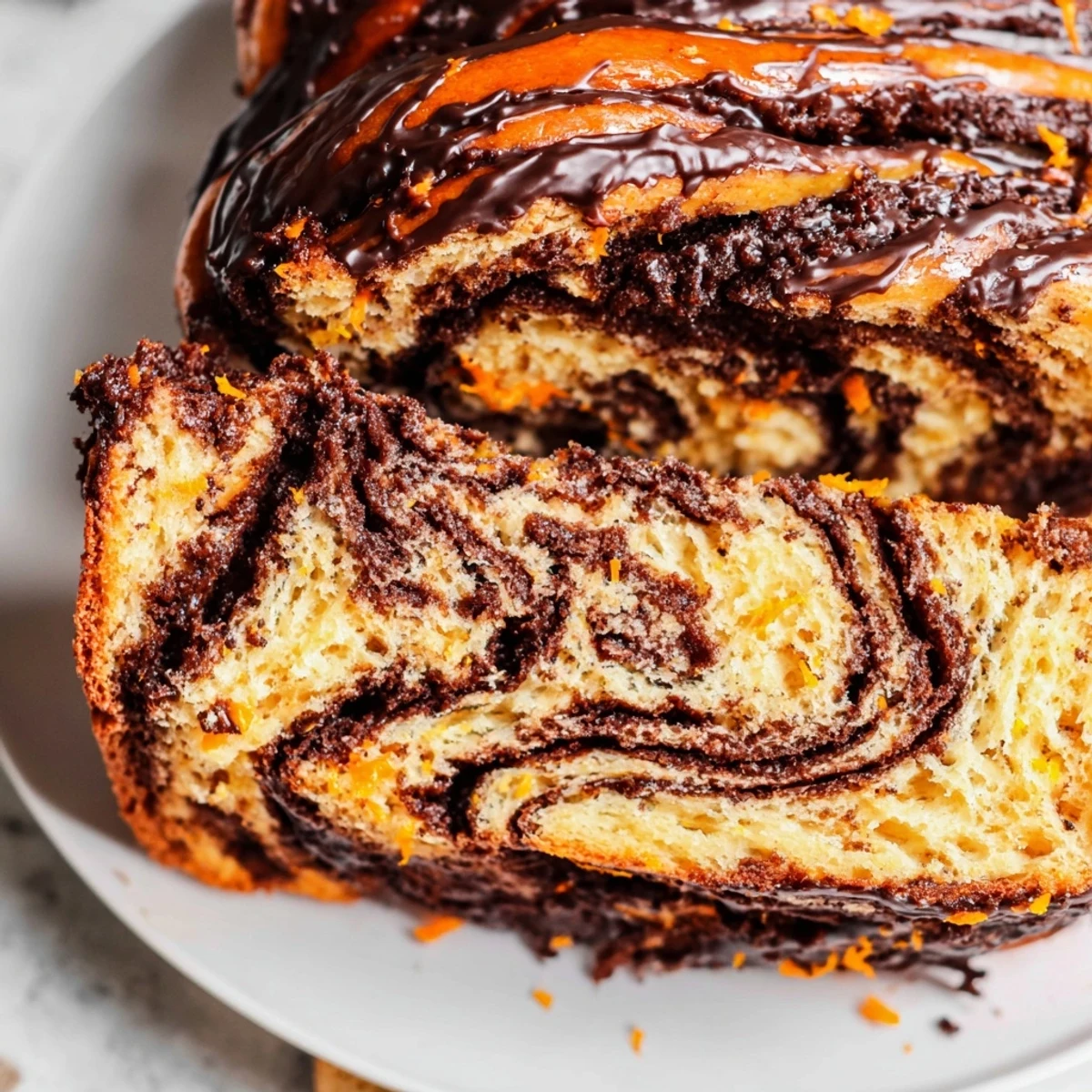 Sliced orange glazed chocolate babka revealing rich swirled chocolate filling inside tender brioche bread