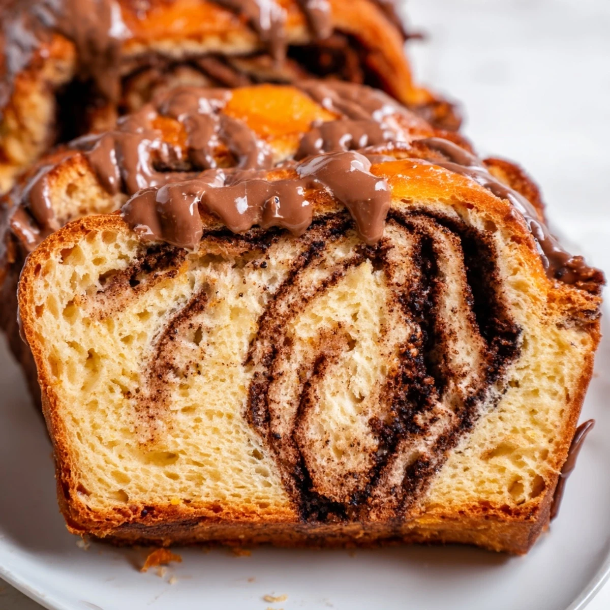 Freshly baked orange glazed chocolate babka twisted loaf finished with sweet orange zest topping
