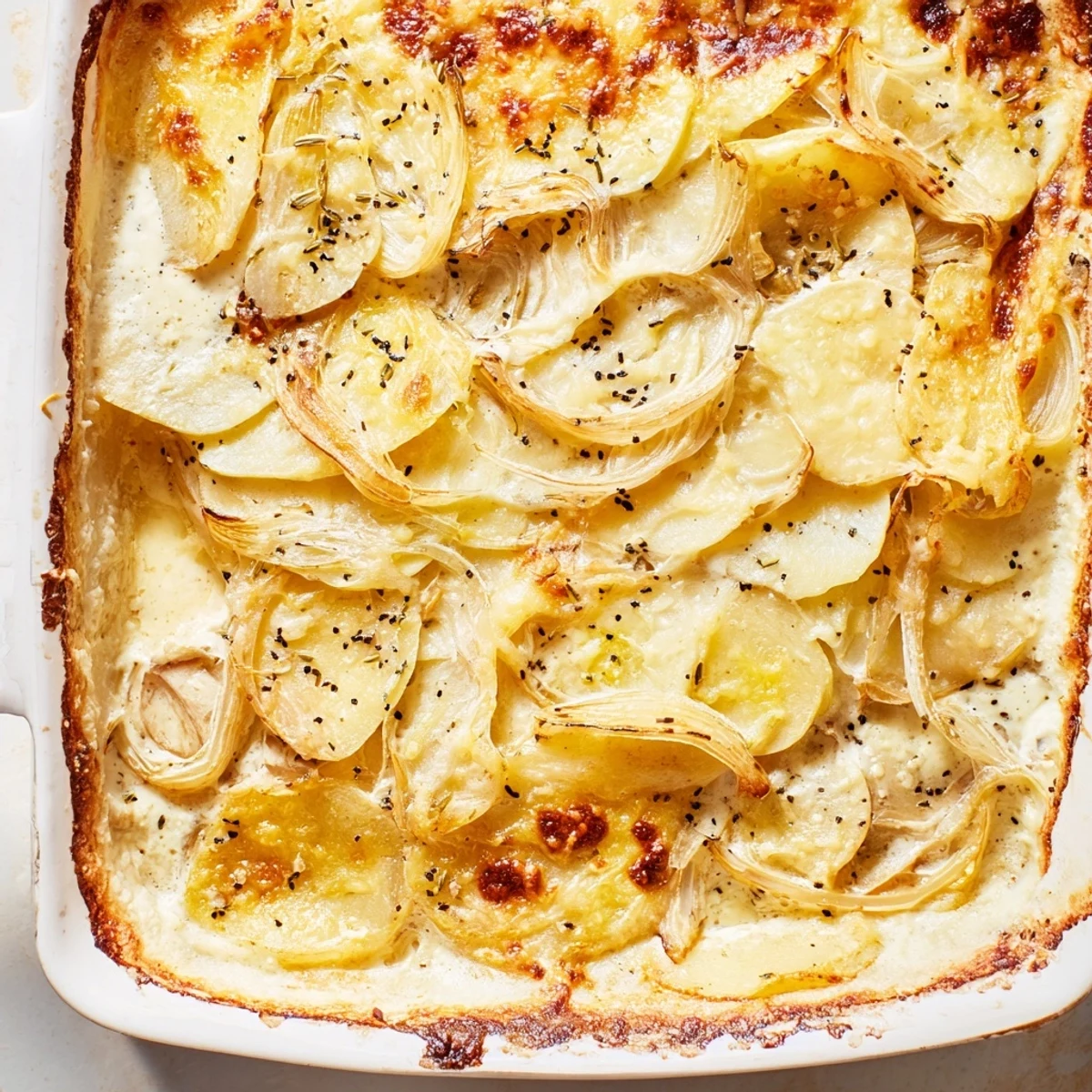 Golden and bubbling Nigella potato gratin with melted Gruyère cheese topping