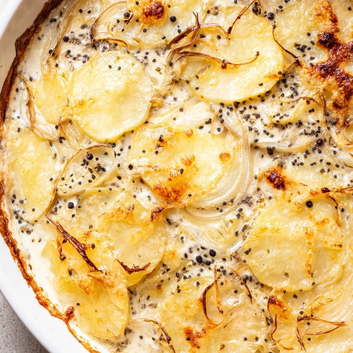 Savory Nigella potato gratin slices served on white plate with fresh herbs