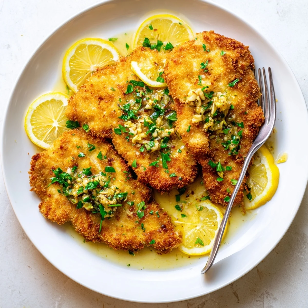 Golden Lemon Chicken Romano served on white plate with fresh lemon slices and parsley garnish
