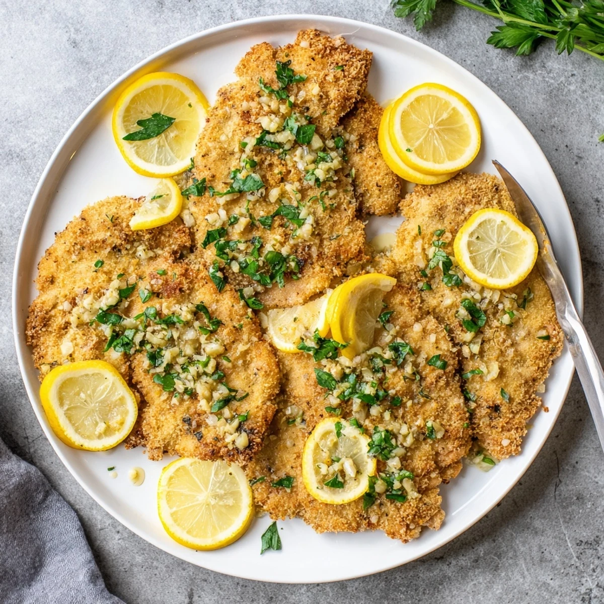 Crispy cheese-crusted Lemon Chicken Romano plated with pasta and drizzled with zesty lemon sauce