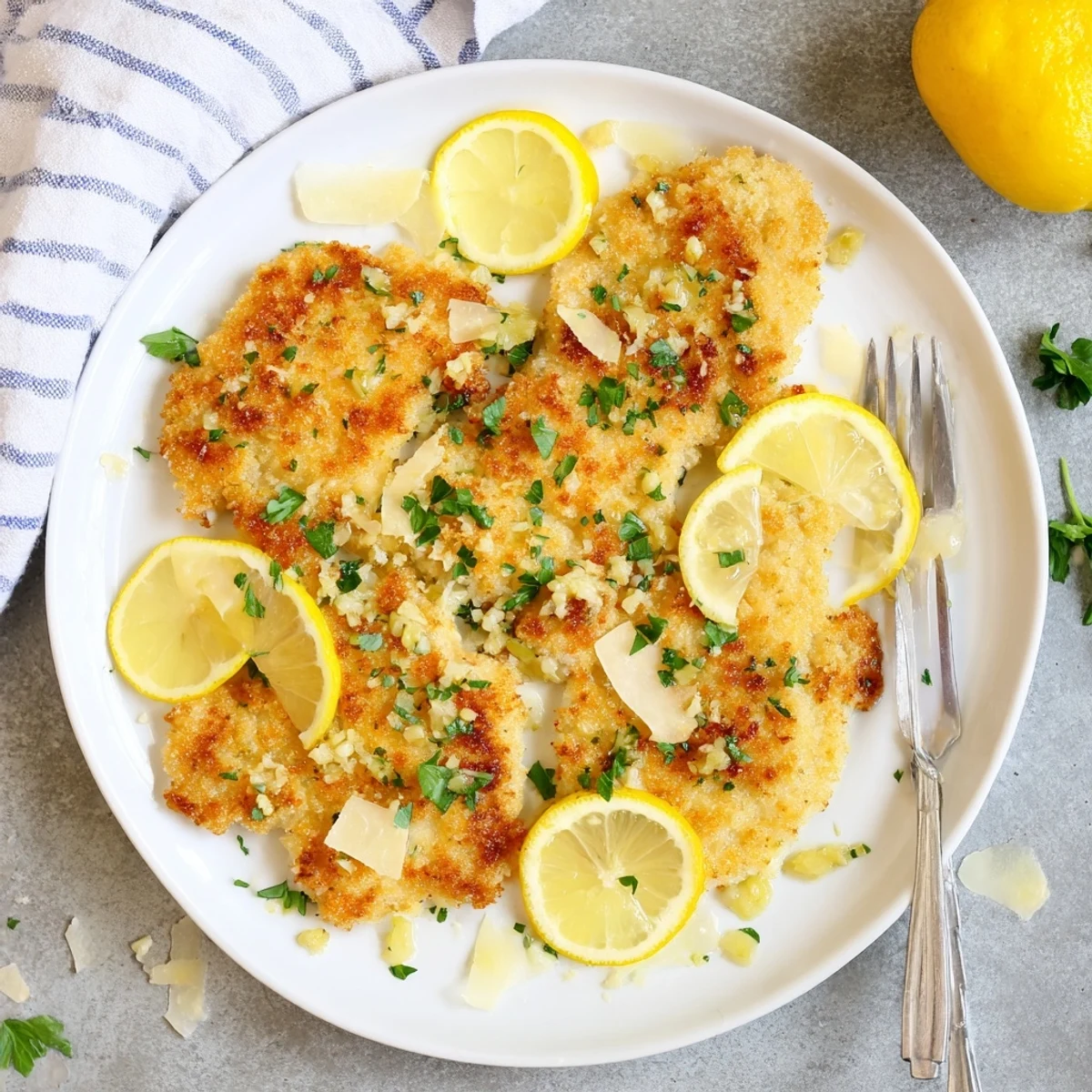 Pan-fried Lemon Chicken Romano cutlets topped with bright lemon butter sauce over rustic wooden table