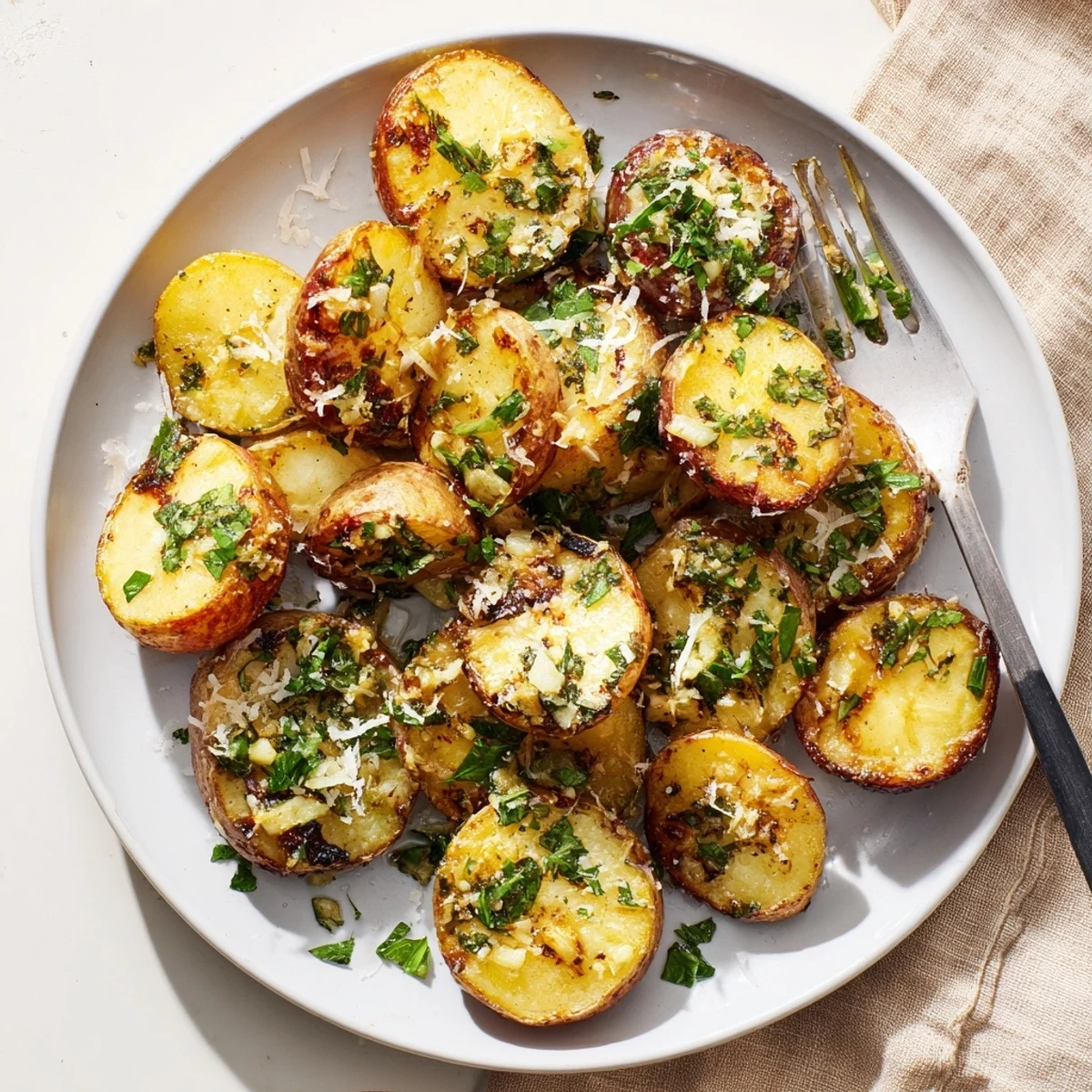 Golden brown garlic roasted radishes arranged on a white serving platter with fresh parsley garnish