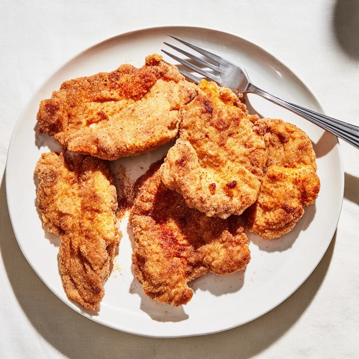 Golden brown fried chicken breast with crispy seasoned coating on white plate
